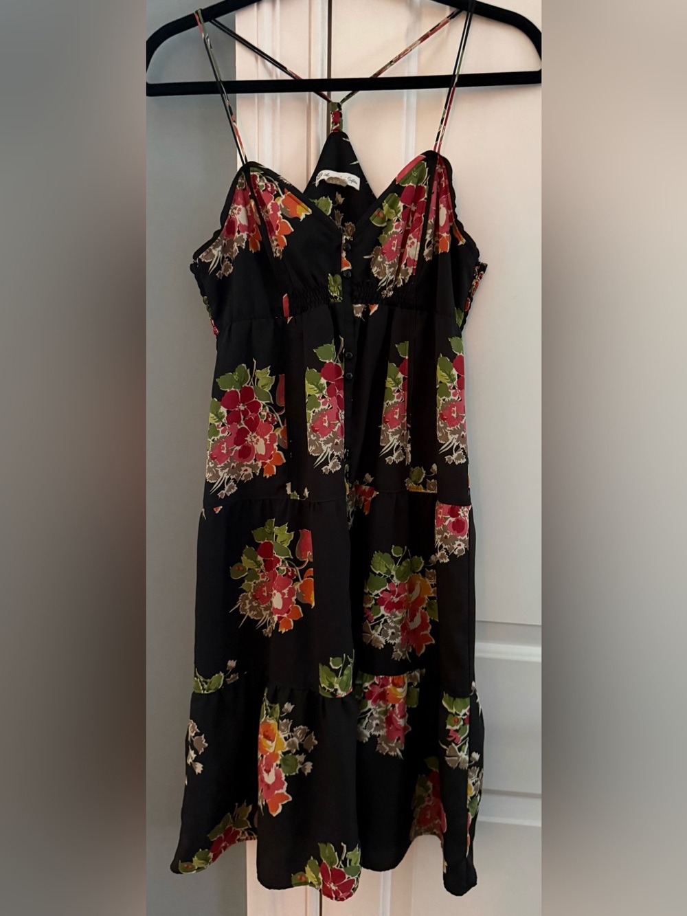 American Eagle Outfitters Floral Spaghetti-Strap MidiDress Black Pink Green sz 6